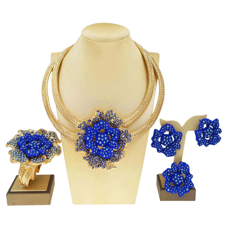 Jewelry Sets For Women 24K Gold Plated Original  Luxury Wedding Blue Rose Flower Necklace Earrings Party Dubai Gold Jewelry