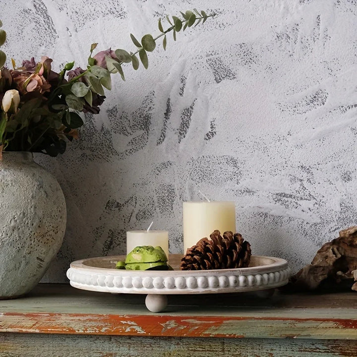Decor 12in Round Tray for Home Decor- White Wood Beaded Tray- Decorative Round Tray for Living Room Decor, Coffee Table Decor, K