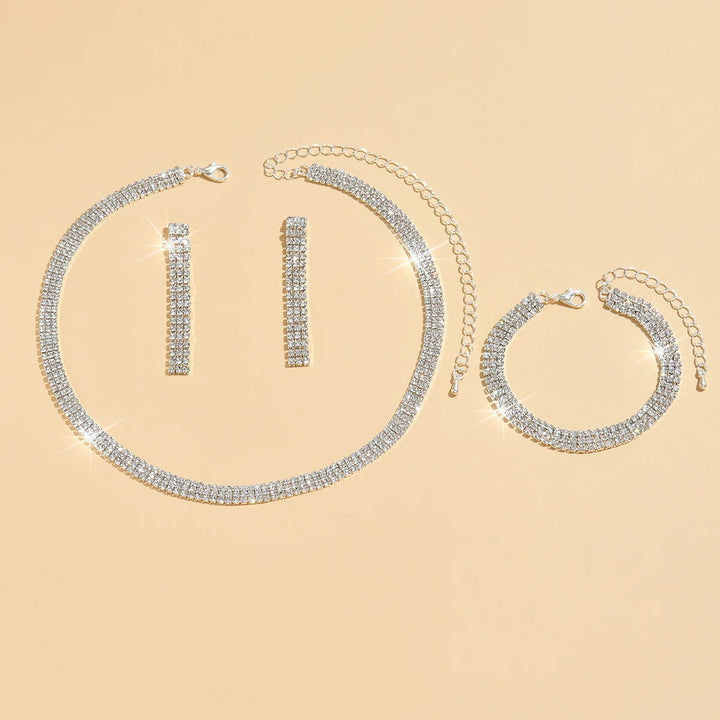 4 pieces of women's jewelry set with three drainage diamonds, necklaces, earrings, bracelets, bridal dress accessories