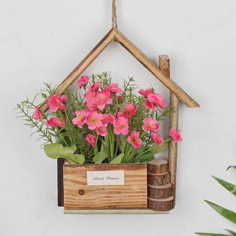 Creative Wooden House Shaped Wall Hanging Decor Flower Baskets Flowers Plant Pot Container Living Room Home Decorations Crafts