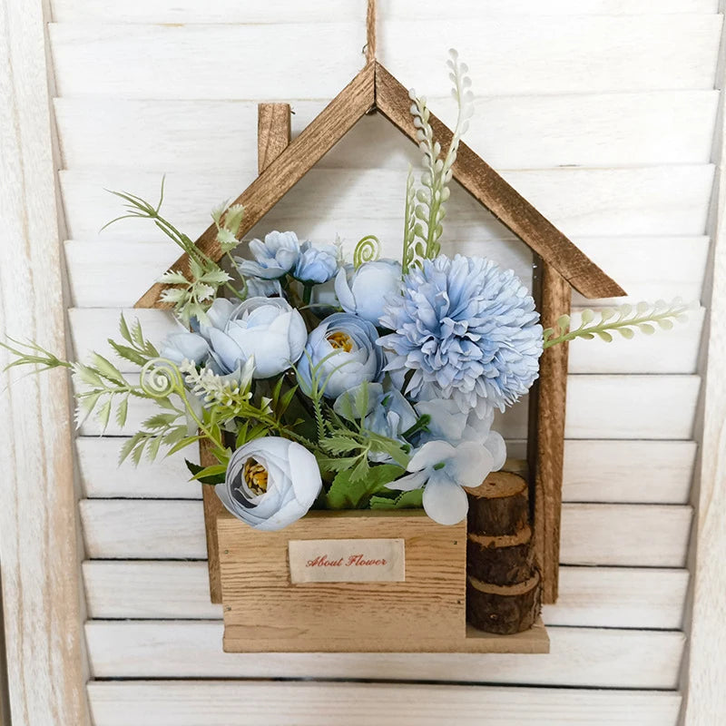 Creative Wooden House Shaped Wall Hanging Decor Flower Baskets Flowers Plant Pot Container Living Room Home Decorations Crafts