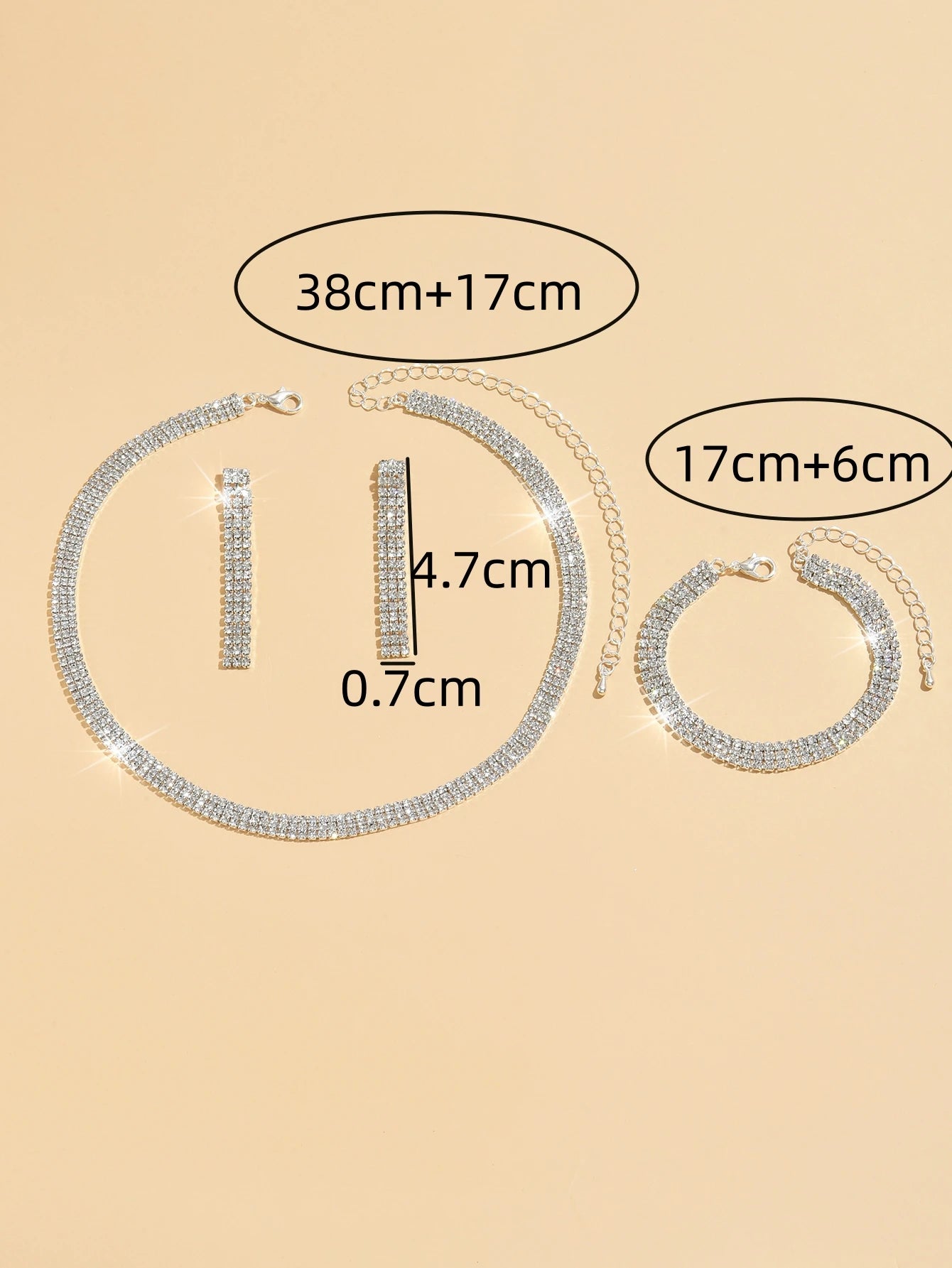 4 pieces of women's jewelry set with three drainage diamonds, necklaces, earrings, bracelets, bridal dress accessories