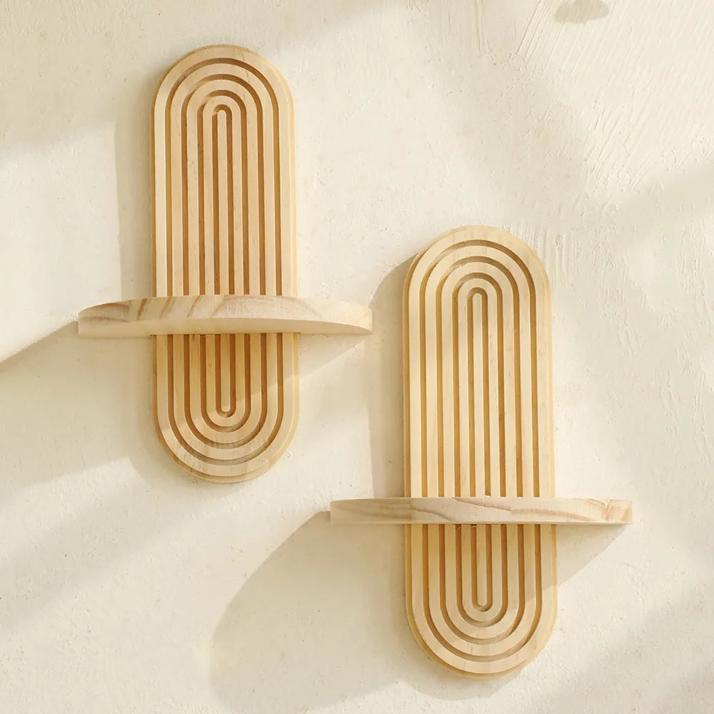 Boho Style Wooden Wall Mounted Shelves Plant Decorative Shelves Geometric Wall  Natural Finish Modern Home Decor ﻿