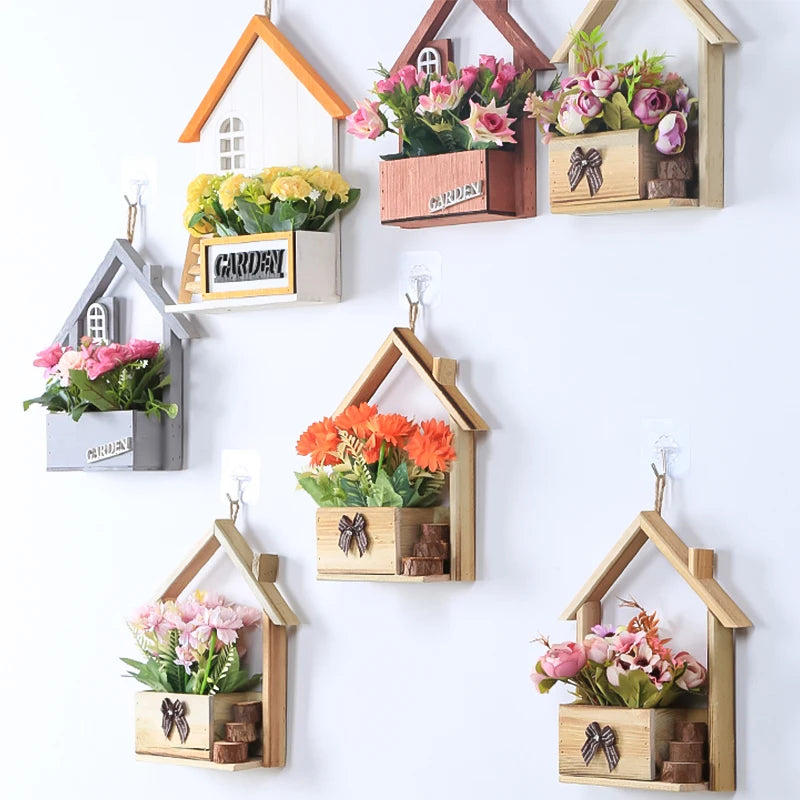 Creative Wooden House Shaped Wall Hanging Decor Flower Baskets Flowers Plant Pot Container Living Room Home Decorations Crafts