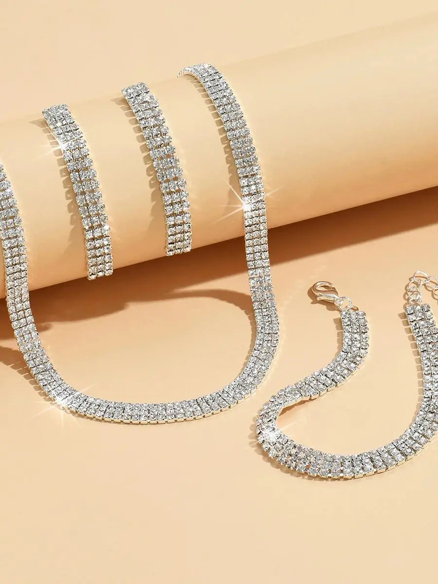 4 pieces of women's jewelry set with three drainage diamonds, necklaces, earrings, bracelets, bridal dress accessories