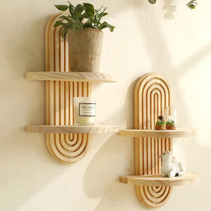 Boho Style Wooden Wall Mounted Shelves Plant Decorative Shelves Geometric Wall  Natural Finish Modern Home Decor ﻿