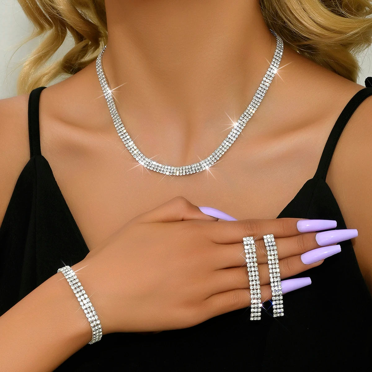 4 pieces of women's jewelry set with three drainage diamonds, necklaces, earrings, bracelets, bridal dress accessories