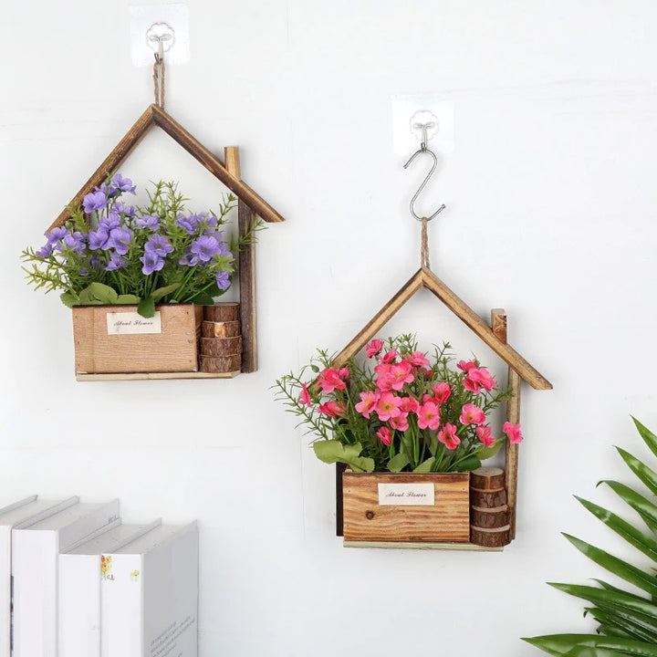 Creative Wooden House Shaped Wall Hanging Decor Flower Baskets Flowers Plant Pot Container Living Room Home Decorations Crafts