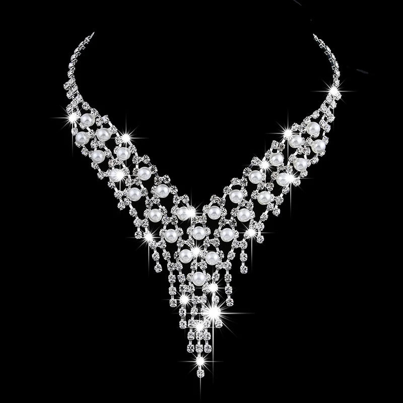 Luxury Long Tassels Jewelry Pearl Necklace Earing Set Crystal Zircon Wedding Bridal Jewelry Sets For Women Bijoux Mariage Zestaw